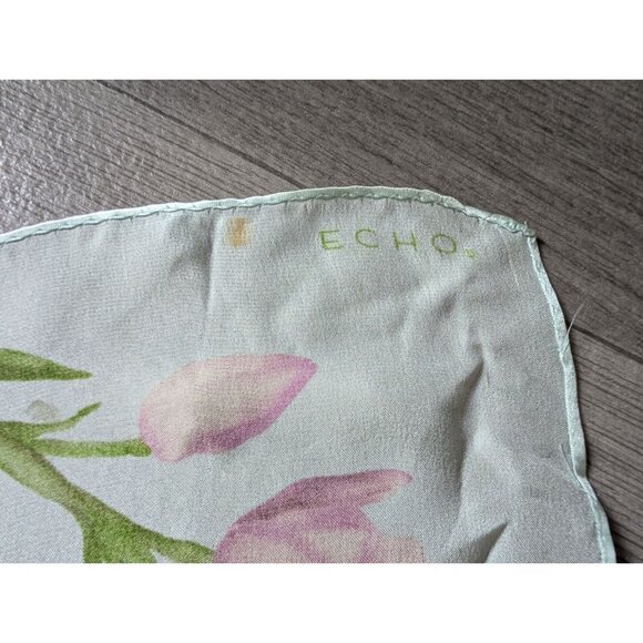 Vintage Echo Silk Floral Print Light Green Scarf Wrap With Pink & Blue Flowers - Picture 3 of 6